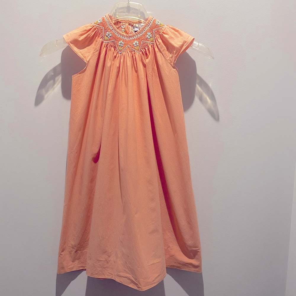 Orient Expressed Inc Smocked Orange Gingham Dress with Flower detail.  Size 6